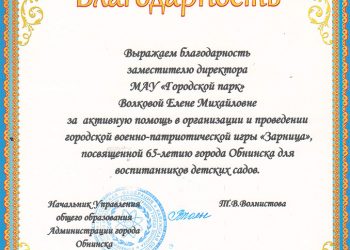 Благодарственное письмо Волковой Е.М.