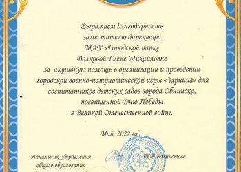 Благодарственное письмо Волковой Е.М.