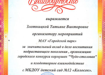 Благодарность Злотницкой Т.В.