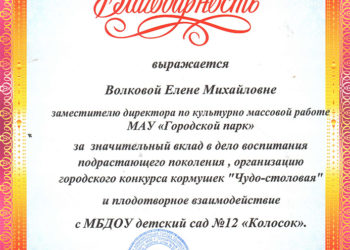 Благодарность Волковой Е.М.